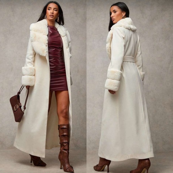 Luxury faux fur trimmed long coat fur jacket fur cuff fur collar vintage pink - Picture 3 of 8